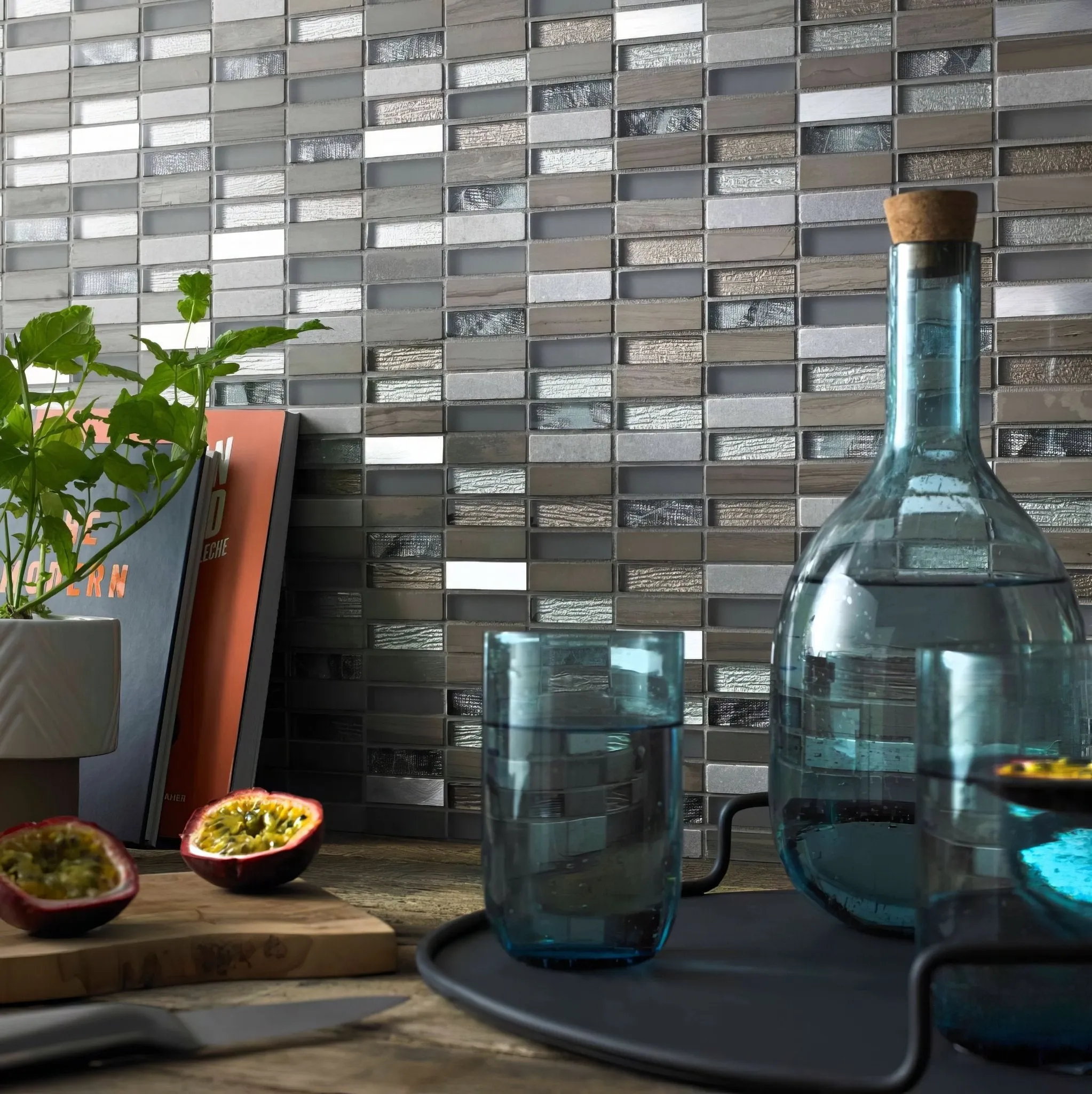 Beige Mix Stone, Glass & Metal Linear Mosaic