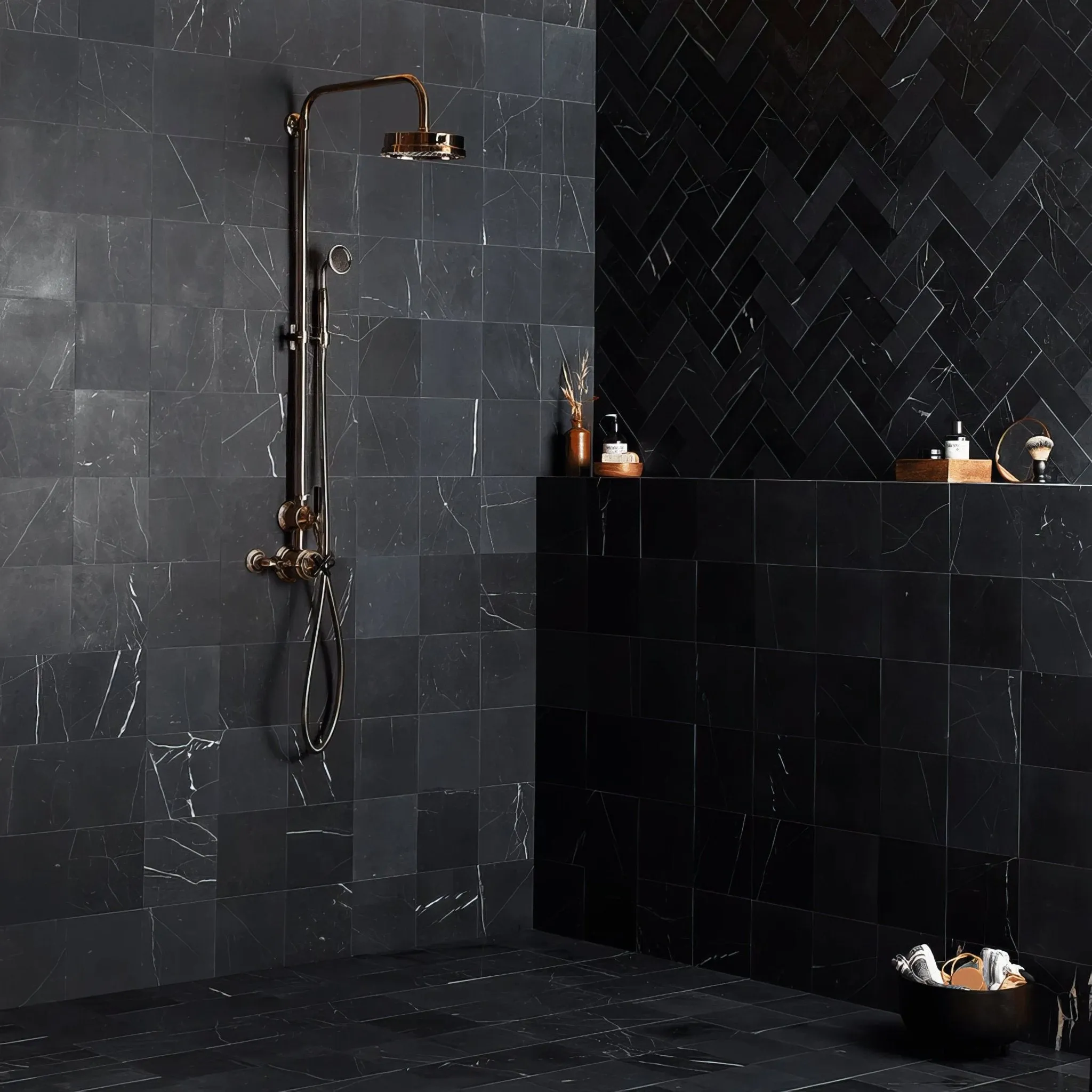Black Herringbone Honed Marble Tile