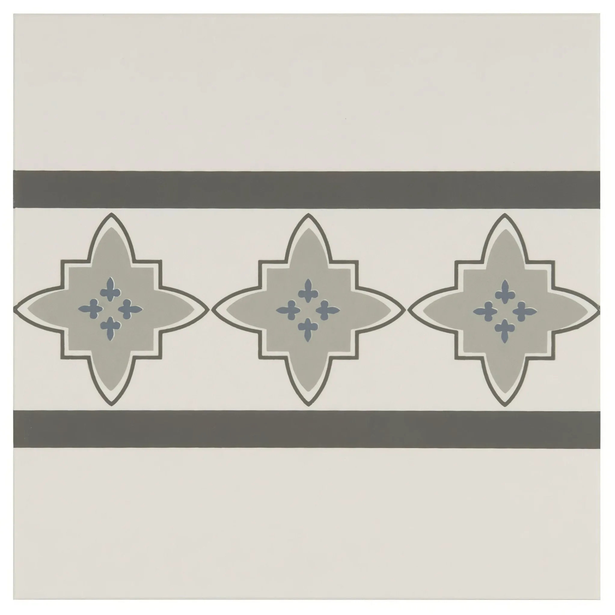 Marrakech Border Light Blue, Light Grey and Dark Grey on Dover White