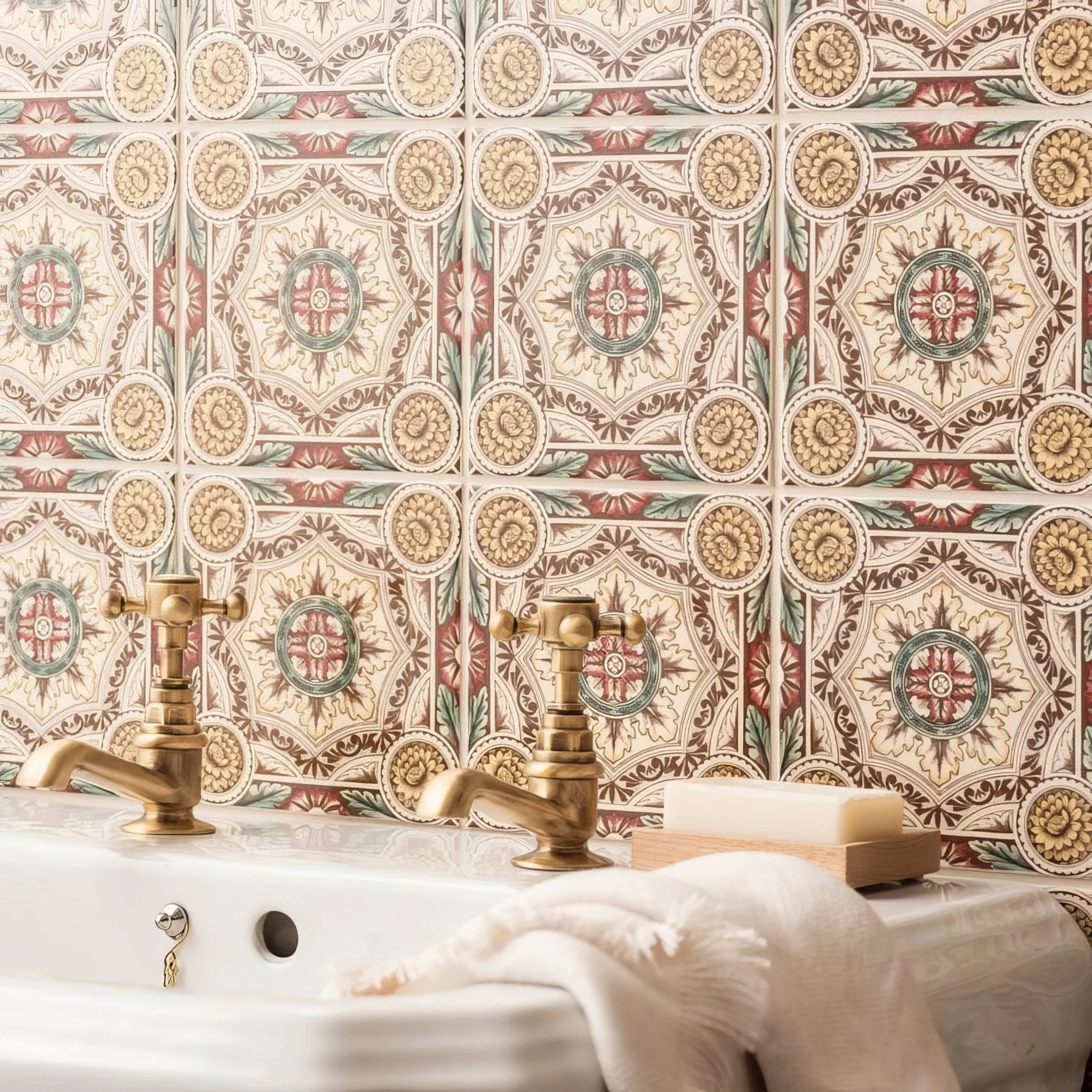 Symmetrical Floral Pattern Single Tile on County White