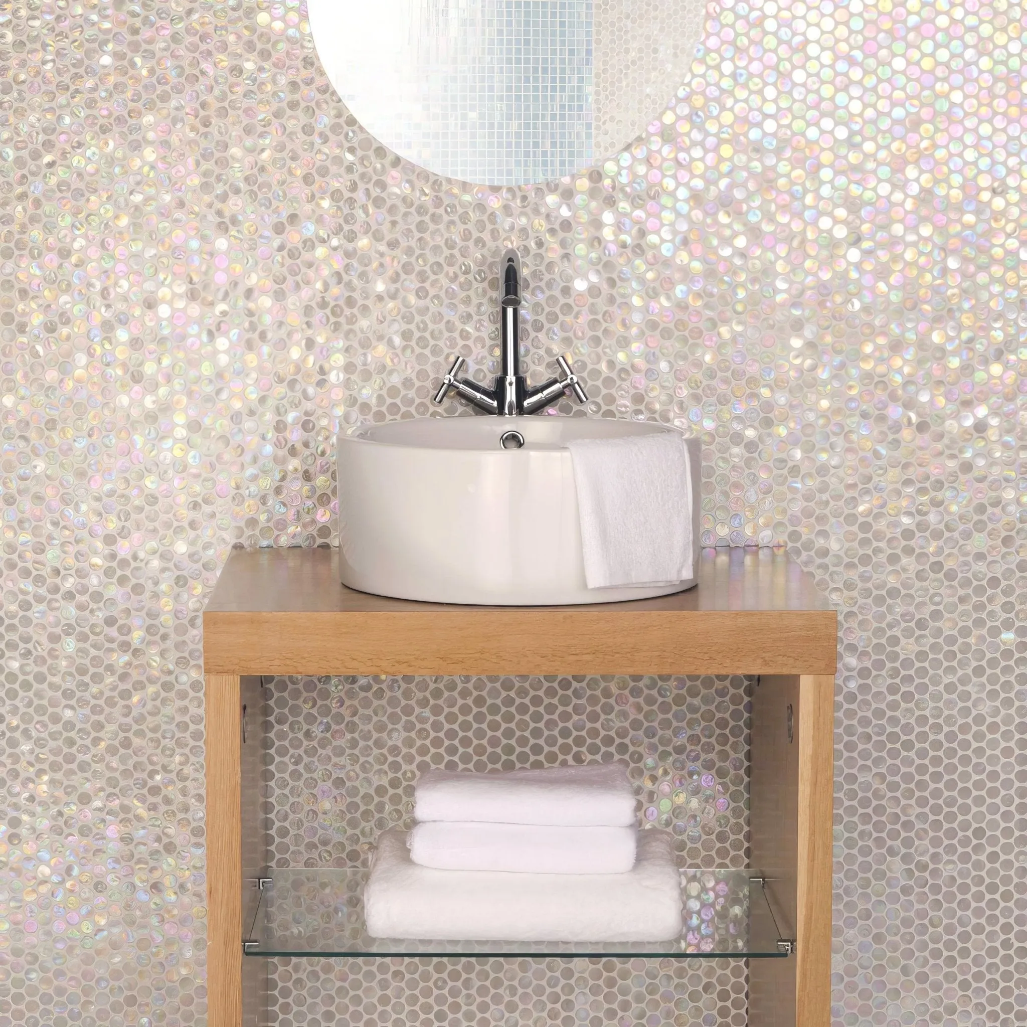 White Lady Iridescent Round Glass Mosaic