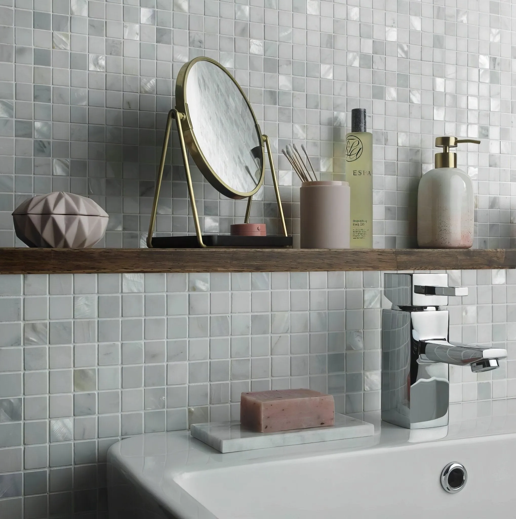 White Marble & Mother of Pearl Mosaic 2 x 2cm